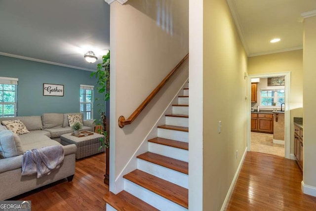 staircase with wood-type flooring, ornamental molding, and a healthy amount of sunlight