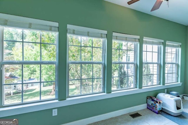 sunroom featuring ceiling fan and a healthy amount of sunlight