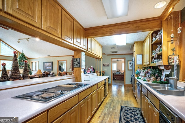 kitchen featuring sink, a textured ceiling, light hardwood / wood-style flooring, stainless steel gas stovetop, and dishwasher