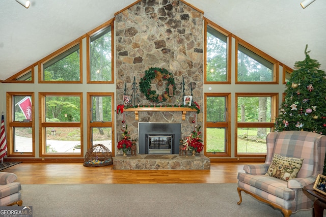 living room with high vaulted ceiling, hardwood / wood-style flooring, and a fireplace