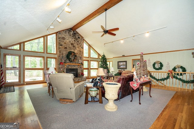 living room with ceiling fan, a stone fireplace, wood-type flooring, and a healthy amount of sunlight