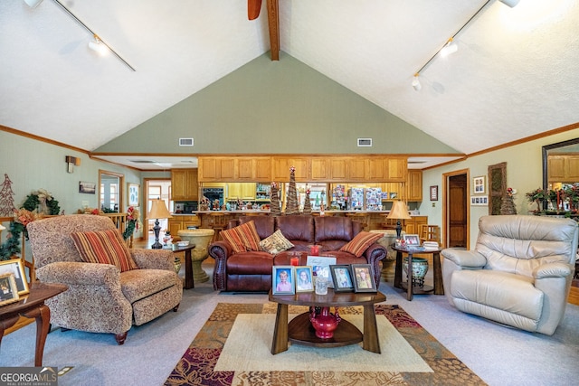 living room featuring light carpet, ceiling fan, high vaulted ceiling, and rail lighting