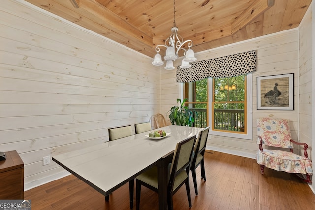 dining room featuring wooden ceiling, wood walls, an inviting chandelier, and dark wood-type flooring