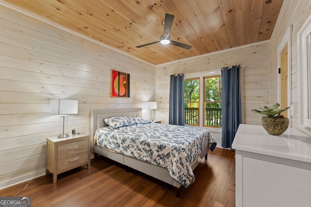 bedroom with wooden ceiling, wooden walls, ceiling fan, and dark wood-type flooring