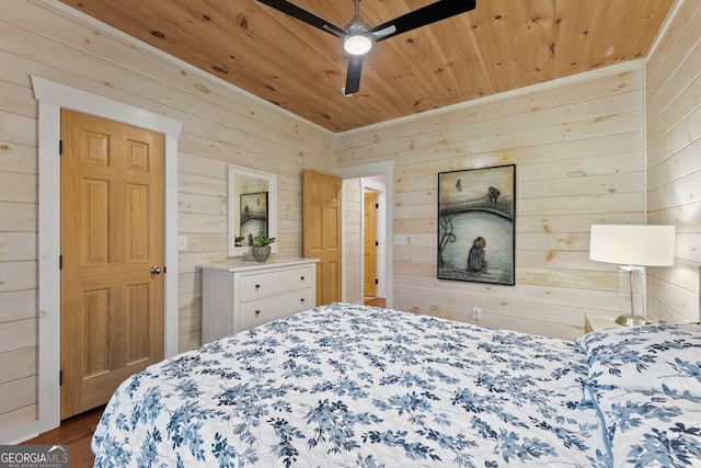 bedroom featuring wooden ceiling, wood walls, ceiling fan, and hardwood / wood-style flooring