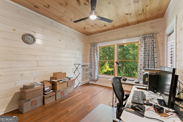 home office featuring wooden walls, ceiling fan, hardwood / wood-style flooring, and wooden ceiling