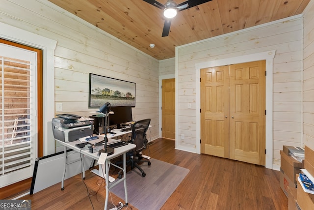 office area featuring wood ceiling, wooden walls, ceiling fan, and hardwood / wood-style flooring