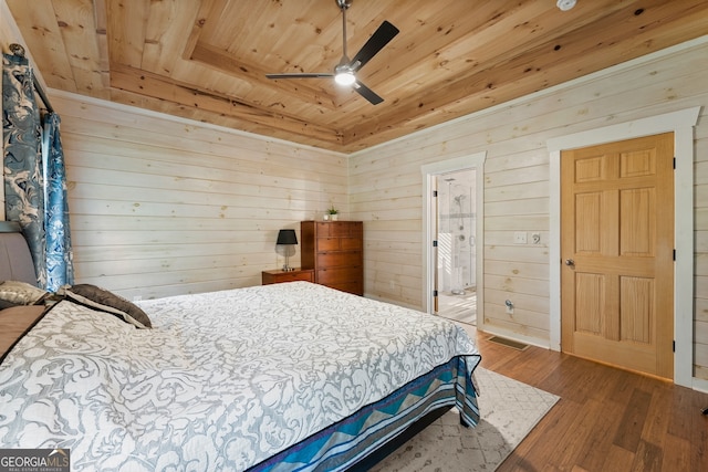 bedroom featuring wood ceiling, hardwood / wood-style flooring, wooden walls, ensuite bath, and ceiling fan