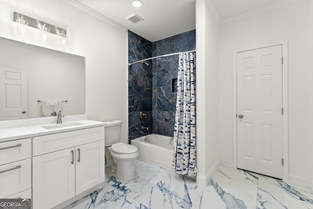 full bathroom featuring shower / tub combo, vanity, toilet, and ornamental molding