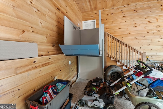 miscellaneous room with wooden walls and carpet flooring