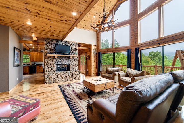 living room featuring high vaulted ceiling, wood ceiling, light hardwood / wood-style flooring, and a notable chandelier