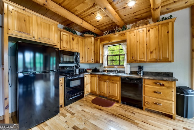 26 Clarice Ln, Sautee Nacoochee, GA 30571 - kitchen featuring black appliances, a sink, dark countertops, light wood-style flooring, and wooden ceiling with exposed beams