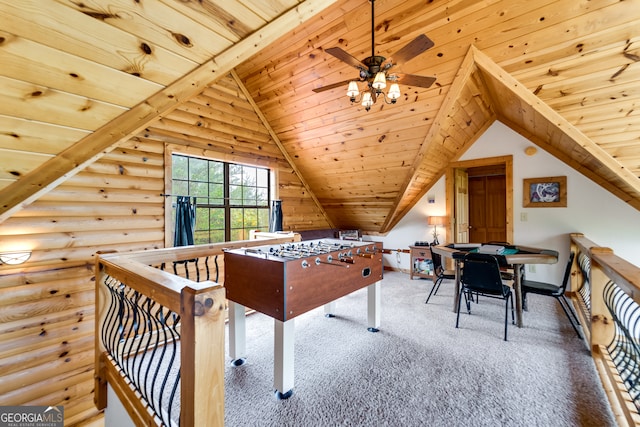 game room with wood ceiling, lofted ceiling, log walls, and carpet floors