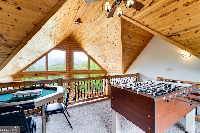 playroom featuring wood ceiling, carpet flooring, lofted ceiling with beams, and ceiling fan