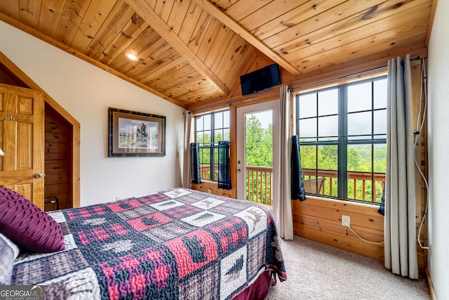 carpeted bedroom featuring wooden walls, wood ceiling, lofted ceiling with beams, and access to exterior