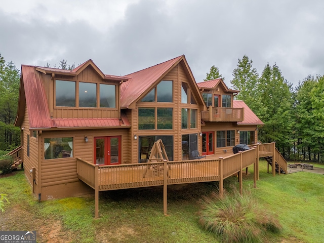 26 Clarice Ln, Sautee Nacoochee, GA 30571 - back of house with a deck, a yard, metal roof, french doors, and log veneer siding