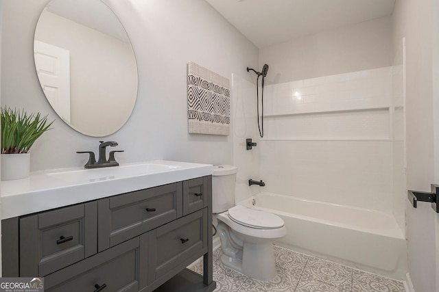 bathroom with toilet, shower / bath combination, and vanity