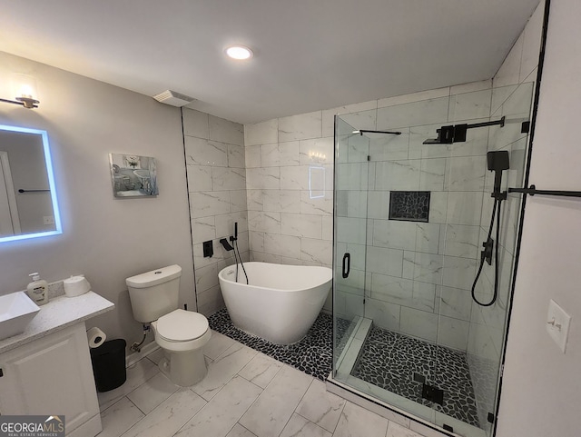 full bathroom with visible vents, a soaking tub, marble finish floor, vanity, and a shower stall