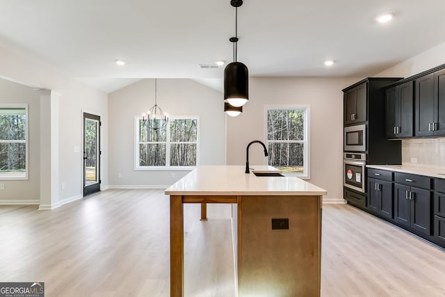 kitchen with stainless steel appliances, a wealth of natural light, sink, and a kitchen island with sink