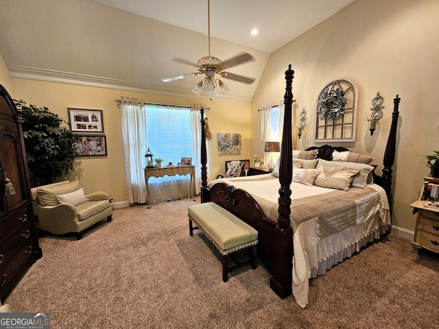 bedroom with ornamental molding, carpet flooring, vaulted ceiling, and ceiling fan