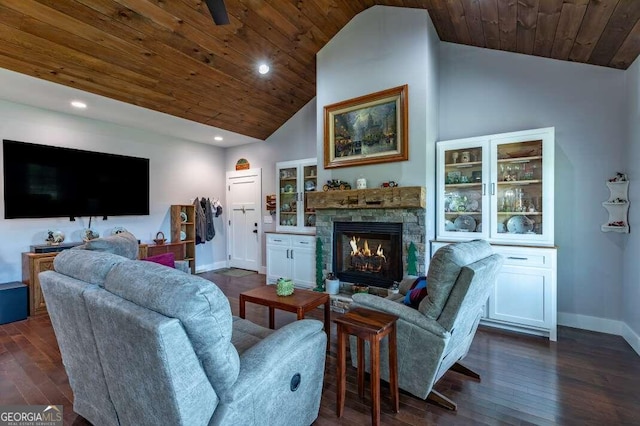 living room featuring high vaulted ceiling, wooden ceiling, dark hardwood / wood-style floors, and a fireplace