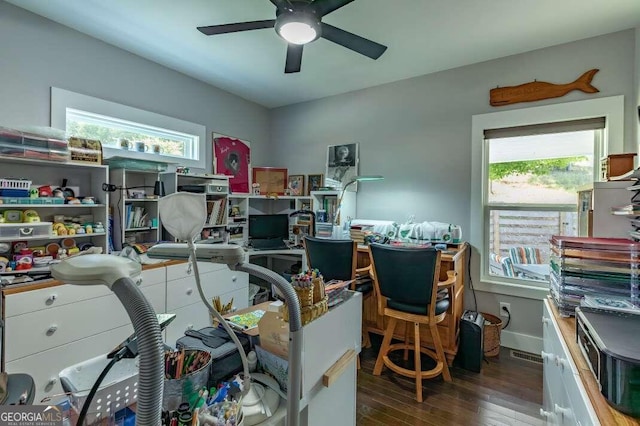 bedroom with wood-type flooring, ceiling fan, and a closet