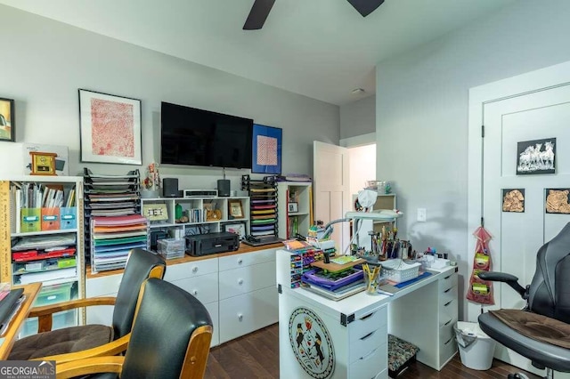 home office featuring ceiling fan, dark wood-type flooring, and a healthy amount of sunlight