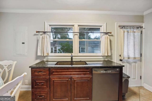 kitchen with electric panel, light tile patterned flooring, ornamental molding, sink, and dishwasher