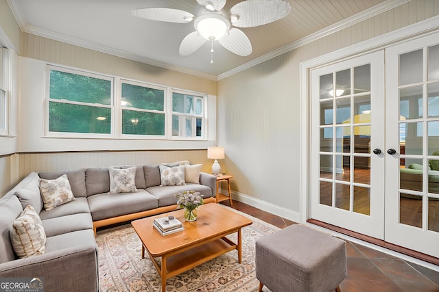 living room with ceiling fan, crown molding, and french doors