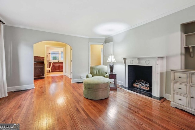 living area featuring light hardwood / wood-style flooring and ornamental molding