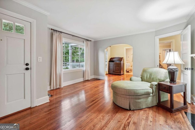 living area featuring ornamental molding, plenty of natural light, and light hardwood / wood-style floors