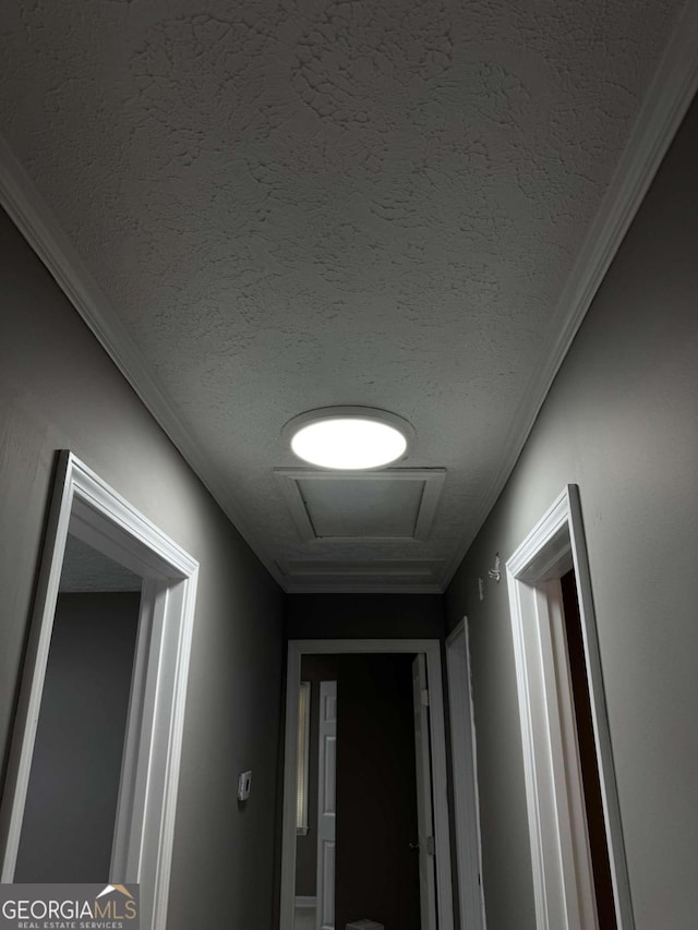 hallway featuring a textured ceiling and crown molding