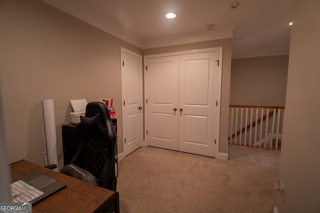 office featuring light carpet and crown molding