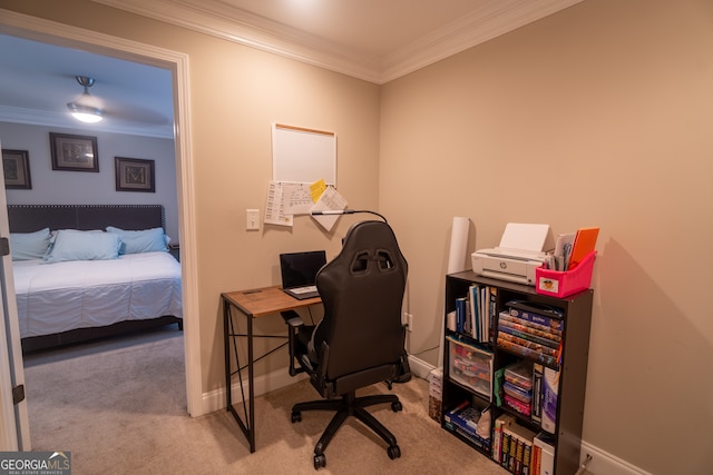 home office featuring ornamental molding and light carpet