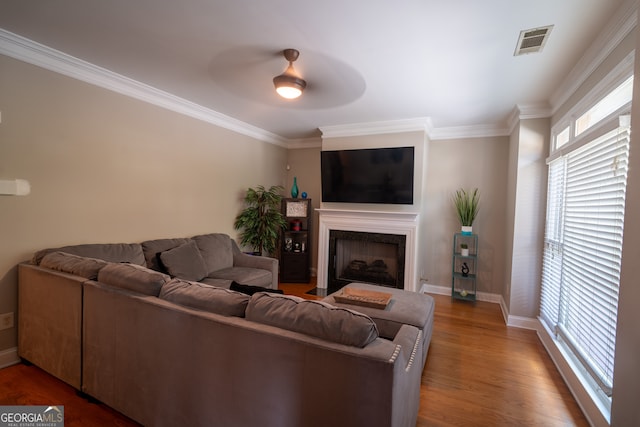 living room with dark hardwood / wood-style floors, ornamental molding, and ceiling fan