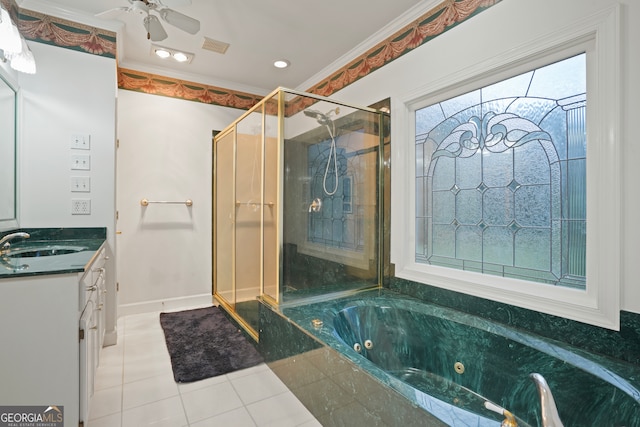 bathroom with tile patterned flooring, independent shower and bath, ornamental molding, ceiling fan, and vanity