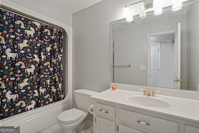 full bathroom with vanity, toilet, shower / bathtub combination with curtain, and tile patterned floors