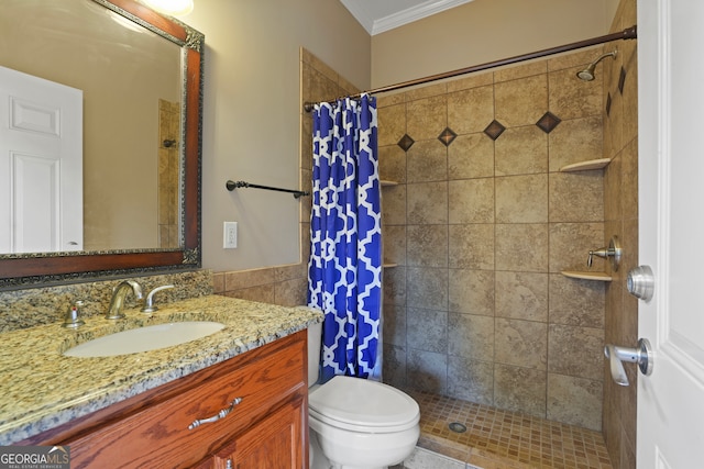 bathroom featuring walk in shower, ornamental molding, vanity, and toilet