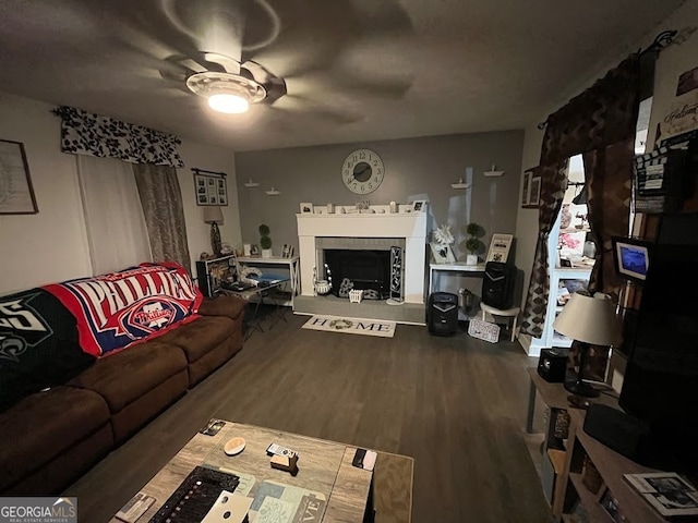 living room with wood-type flooring and ceiling fan