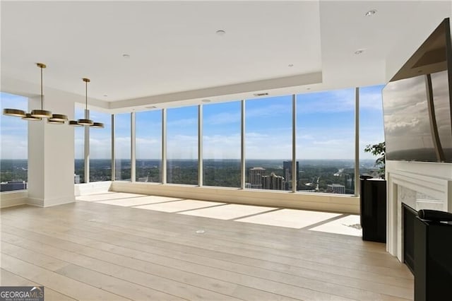 unfurnished living room featuring light hardwood / wood-style floors and a premium fireplace