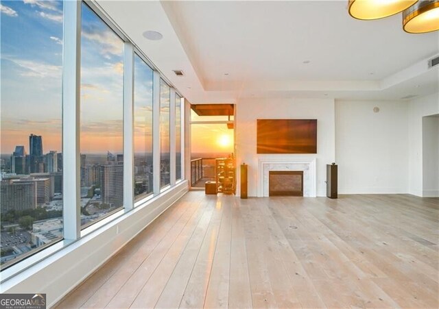 unfurnished living room with a fireplace, a raised ceiling, and hardwood / wood-style floors