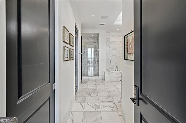 3630 Peachtree Rd Unit Ph3302, Atlanta, GA 30326 - hall featuring light marble finish flooring and recessed lighting