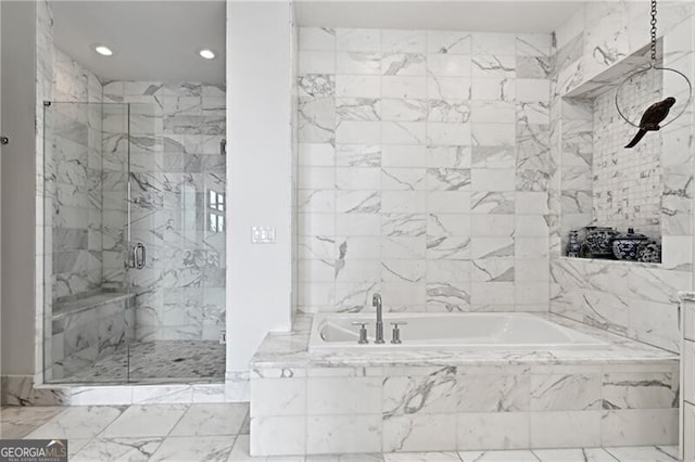 3630 Peachtree Rd Unit Ph3302, Atlanta, GA 30326 - bathroom featuring a marble finish shower, a bath, recessed lighting, and marble finish floors