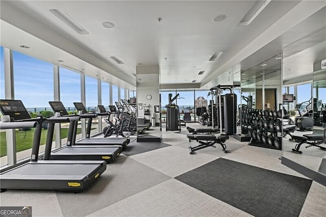 3630 Peachtree Rd Unit Ph3302, Atlanta, GA 30326 - exercise room featuring plenty of natural light, carpet flooring, and floor to ceiling windows