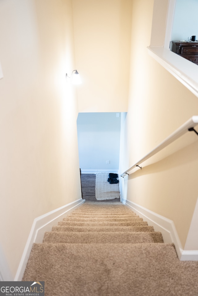 staircase featuring carpet flooring