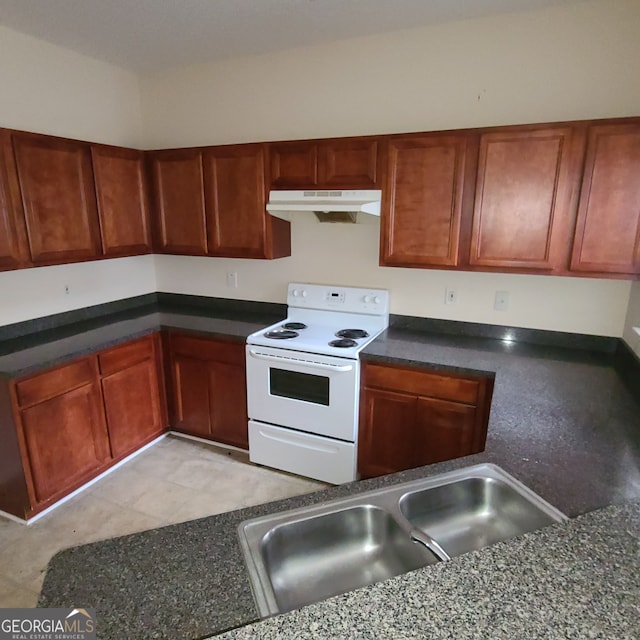 kitchen featuring white electric range oven and sink