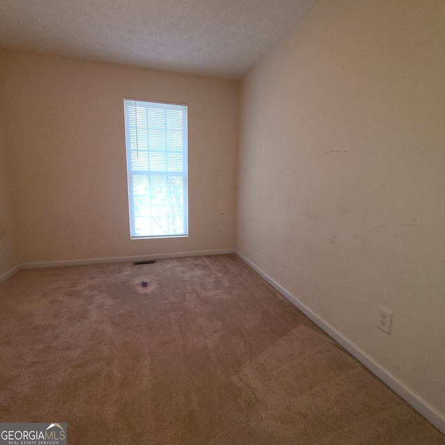 spare room with a textured ceiling and carpet flooring