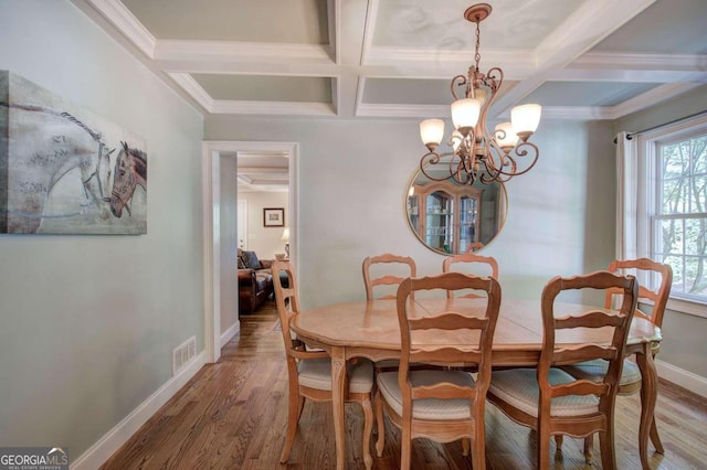 dining space featuring coffered ceiling, wood finished floors, visible vents, and baseboards