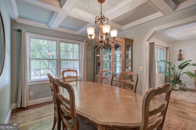 dining area featuring light wood-style floors, baseboards, coffered ceiling, and beamed ceiling