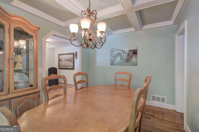 dining room featuring coffered ceiling, visible vents, ornamental molding, beam ceiling, and dark wood-style floors